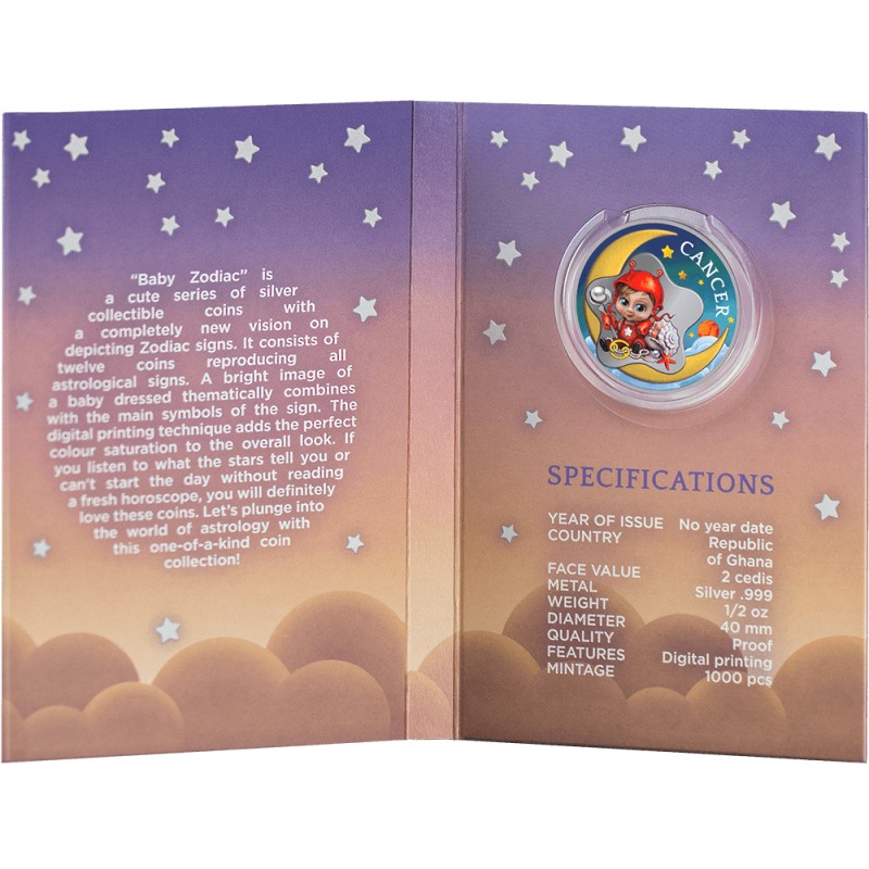 Серебряная монета Ганы "Детский Зодиак - Рак" 2022 г.в., 15.55 г чистого серебра (Проба 999)